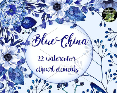水彩蓝色花卉图案插画