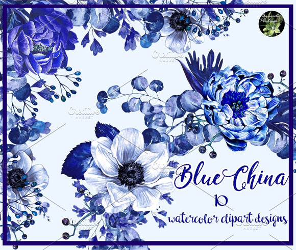 水彩蓝色花卉印花装饰图案素材下载1