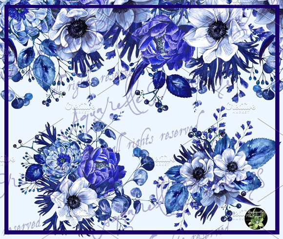 水彩蓝色花卉印花装饰图案素材下载2