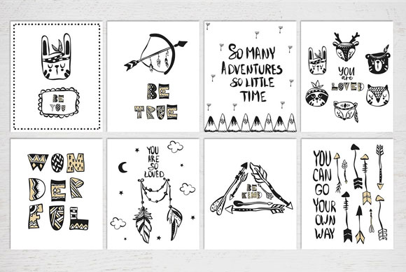 黑白部落涂鸦装饰图案字母卡片素材下载5