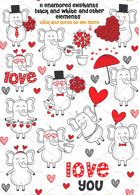 卡通可爱情人节爱情大象礼物吊牌卡片素材3