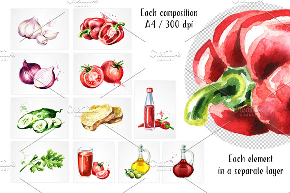 水彩手绘蔬菜果汁番茄酱橄榄油素材下载2