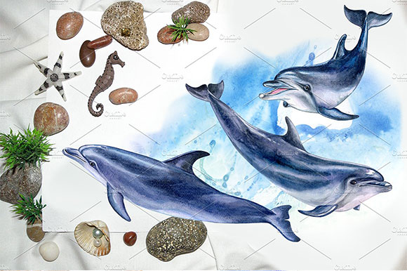 水彩画海豚海水波浪纹理图案素材下载