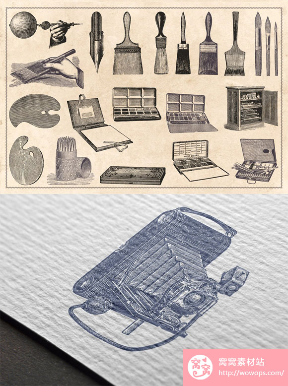 复古老式手绘摄影相机打字机刷子画笔素材下载4