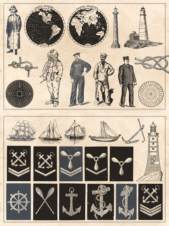 旧式复古航海锚方向盘灯塔罗盘海军水手等插画素材3