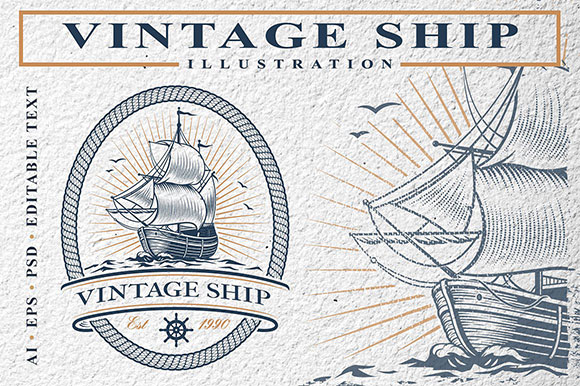 老式复古海船帆船图标标签设计素材1