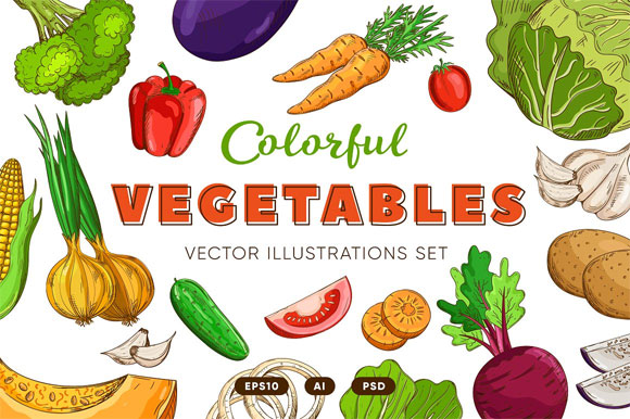 复古素描彩色蔬菜素材下载1