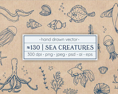 手绘线条简约海洋生物植物素材下载