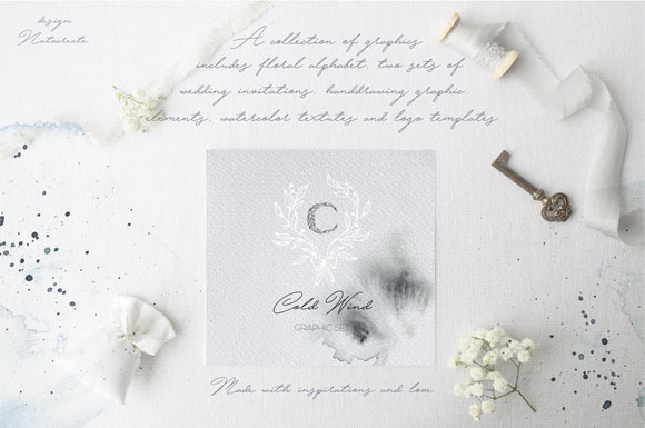 手绘植物字母水彩婚礼活动卡片素材1