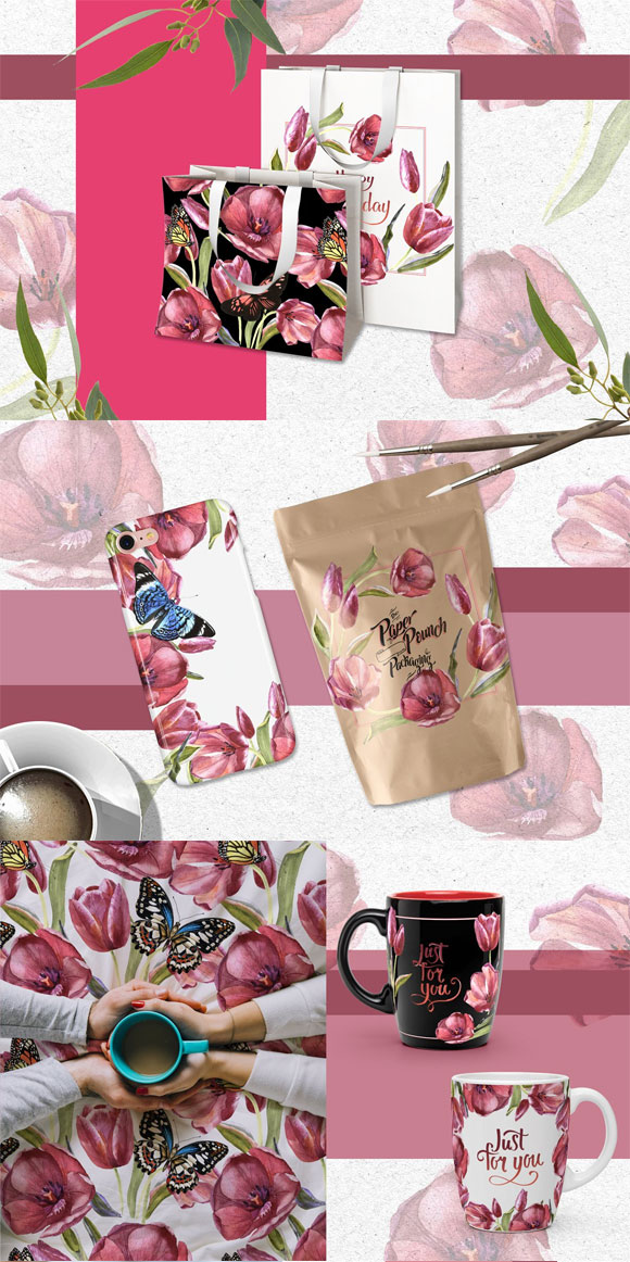 红色郁金香花卉植物装饰印花图案下载3