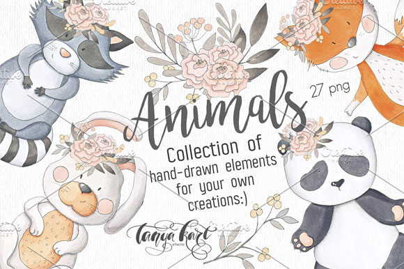 手绘卡通可爱动物花卉植物图案素材下载1