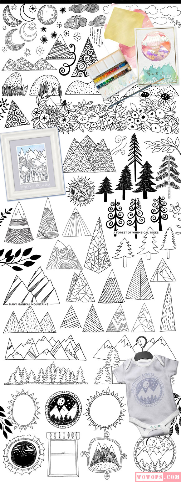 手绘艺术简单森林山树木图案下载2
