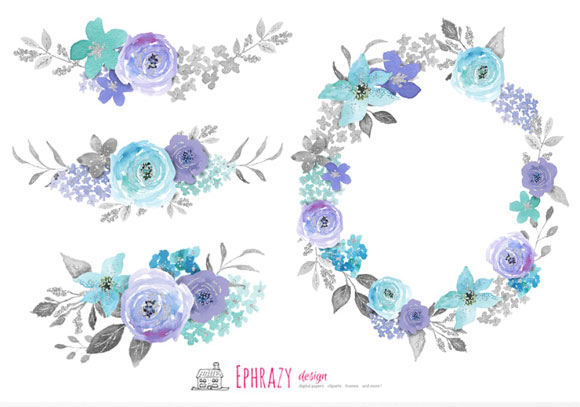 水彩蓝紫色花卉图案卡片装饰元素下载3