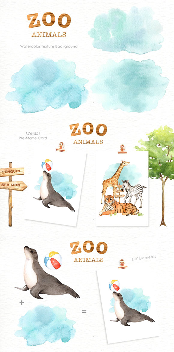 水彩动物园动物指示木牌树木素材下载3