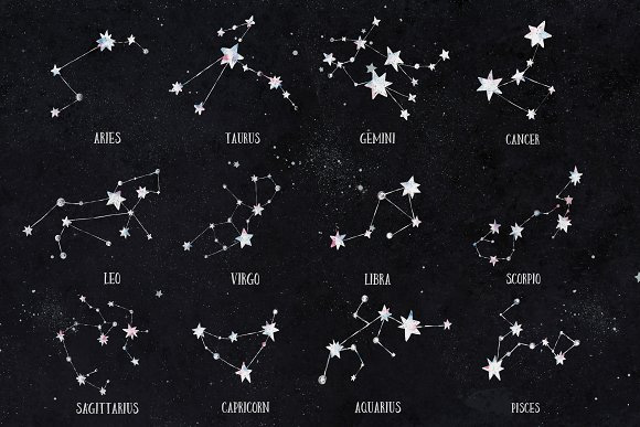 手绘宇宙星河银河占星十二星座矢量图案