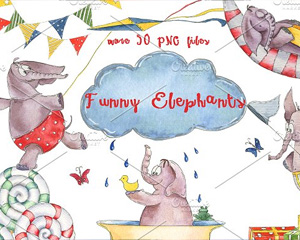 可爱手绘卡通大象派对气球彩旗png图片