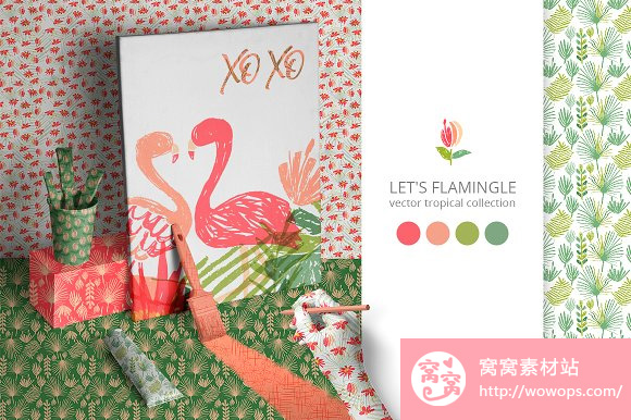 夏日手绘火烈鸟热带度假植物图案包装设计纹理图片15