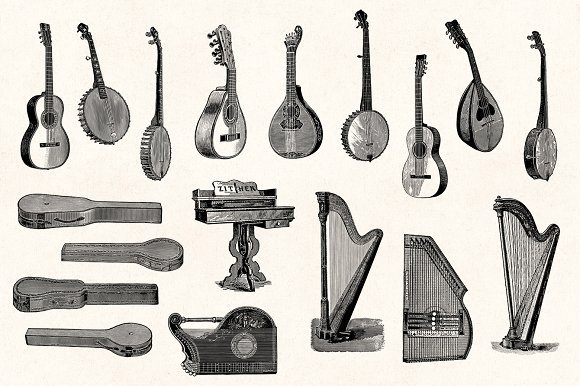 复古手绘素描钢琴大提琴竖琴吉他乐器素材图片3