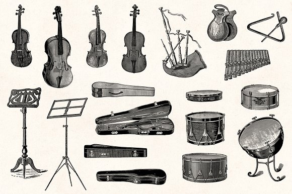 复古手绘素描钢琴大提琴竖琴吉他乐器素材图片5