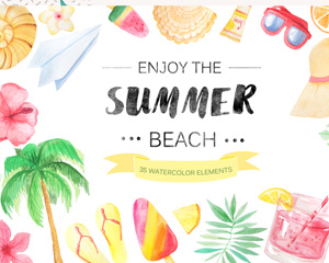 夏日手绘椰子树草帽海滩度假设计元素