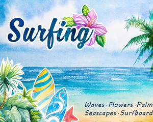 高清手绘水彩海边沙滩椰子树海浪插画素材