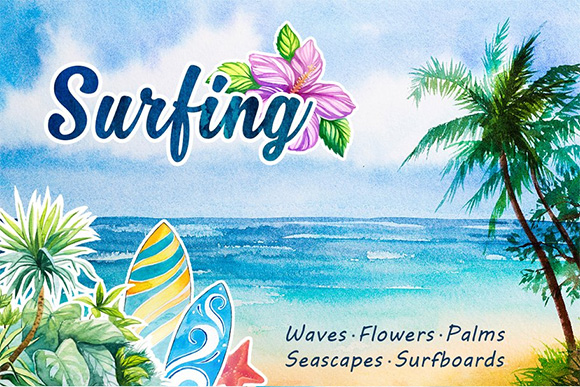 高清手绘水彩海边沙滩椰子树海浪插画素材1