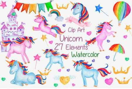 Watercolour Unicorns Clip Art Nursery手绘梦幻独角兽1