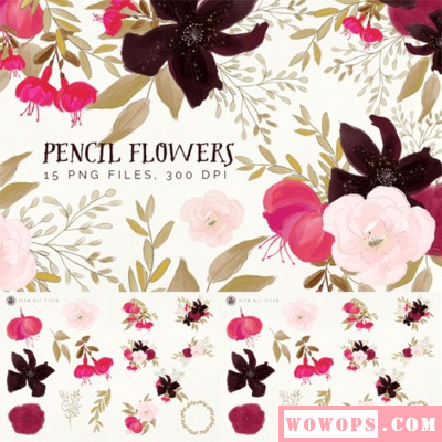 唯美水彩手绘花朵叶子包装笔记本封面请帖卡片设计 PNG免抠素材1