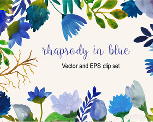 AI向量 蓝色淡雅手绘花朵叶子贺卡请帖卡片背景图案 EPS矢量素材