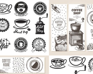 复古手绘线描咖啡杯店豆机热饮门牌LOGO宣传单 EPS矢量设计素材