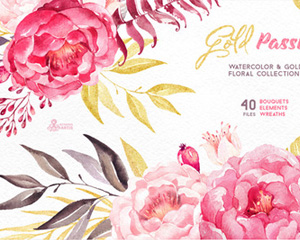 粉手绘淡彩花骨朵水彩花环叶子花边海报卡片背景图案 PNG免抠素材