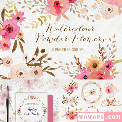 可爱粉色手绘水彩花卉花环贺卡请帖卡片背景图案 PNG免抠设计素材1