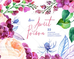 小清新唯美色彩手绘水彩花环花朵叶子卡片平面请柬 PNG免抠素材