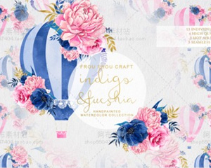 PNG免抠素材 唯美水彩手绘热气球鲜花花卉羽毛贺卡请帖卡片背景