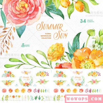 黄色唯美水彩手绘小清新花朵叶子花环卡片背景图案 PNG免抠素材1