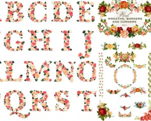 唯美清新田园花朵花卉英文字母花环 婚礼卡片装饰PNG设计美化素材