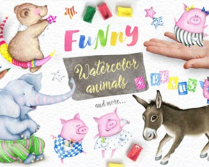 水彩可爱手绘动物合集大象鸟猪兔子teddy熊幼儿园插画PNG免扣素材