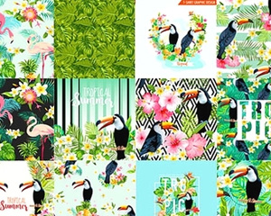 夏日清新热带植物绿叶花虫小鸟海报杂志背景图片 EPS矢量设计素材