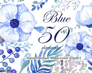 唯美小清新蓝色水彩手绘花朵树枝藤蔓卡片邀请函 PNG免扣设计素材