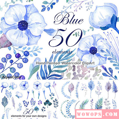 唯美小清新蓝色水彩手绘花朵树枝藤蔓卡片邀请函 PNG免扣设计素材1