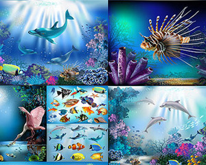 EPS矢量 高清梦幻卡通蓝色海底珊瑚海洋捕鱼游戏背景图片素材