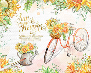 金黄色手绘水彩向日葵自行车花环剪贴插画无缝填充图案 PNG素材