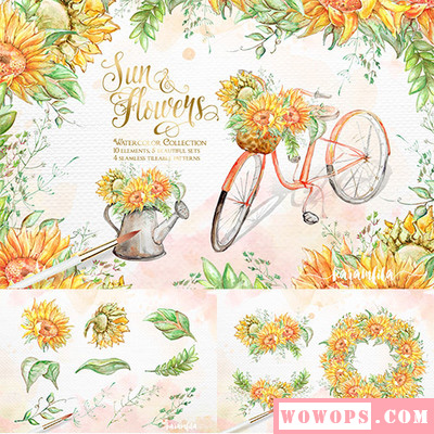 金黄色手绘水彩向日葵自行车花环剪贴插画无缝填充图案 PNG素材1