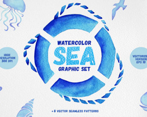 小清新手绘水彩蓝色海洋图形泳圈海星海螺海马水草 PNG免抠素材