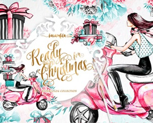 手绘水彩摩托车机车摩登女孩牡丹花朵礼品盒 PNG免抠剪贴设计素材