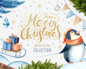 手绘水彩圣诞节糖果盒雪花水晶球羽毛企鹅插画PNG免抠PS设计素材
