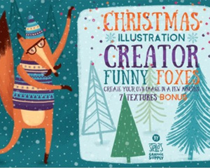 卡通手绘圣诞节插画动物狐狸雪花冷杉树海报贺卡DIY设计元素素材
