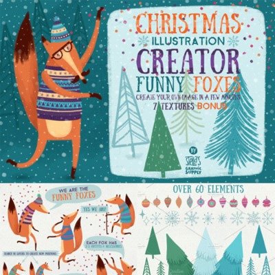 卡通手绘圣诞节插画动物狐狸雪花冷杉树海报贺卡DIY设计元素素材1