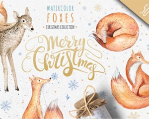 手绘水彩圣诞节小鹿狐狸铃铛树枝雪花袜子卡片手杖PNG免抠素材