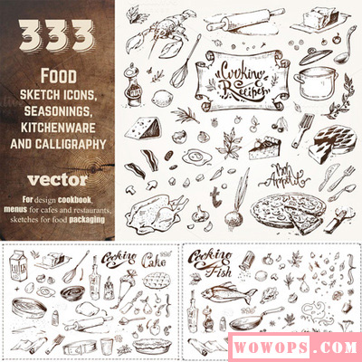 手绘线描厨房用品食物汉堡料理水果蔬菜菜单菜谱设计EPS矢量素材1